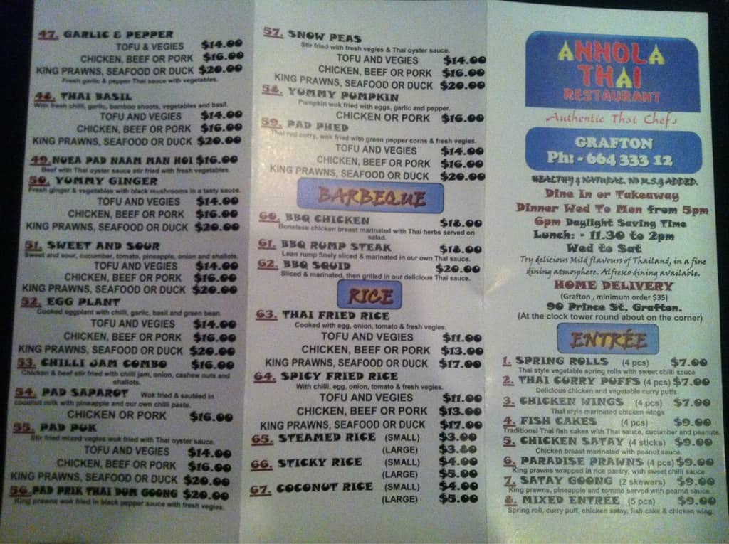 Menu at Annola Thai Restaurant, Grafton