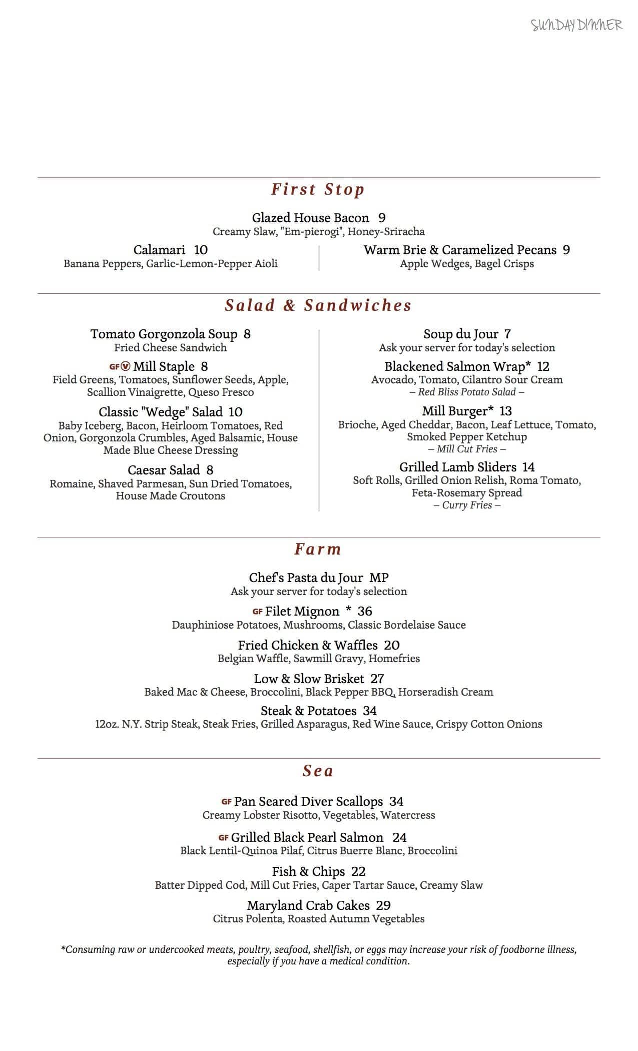 The Mill in Hershey Menu, Menu for The Mill in Hershey, Hershey