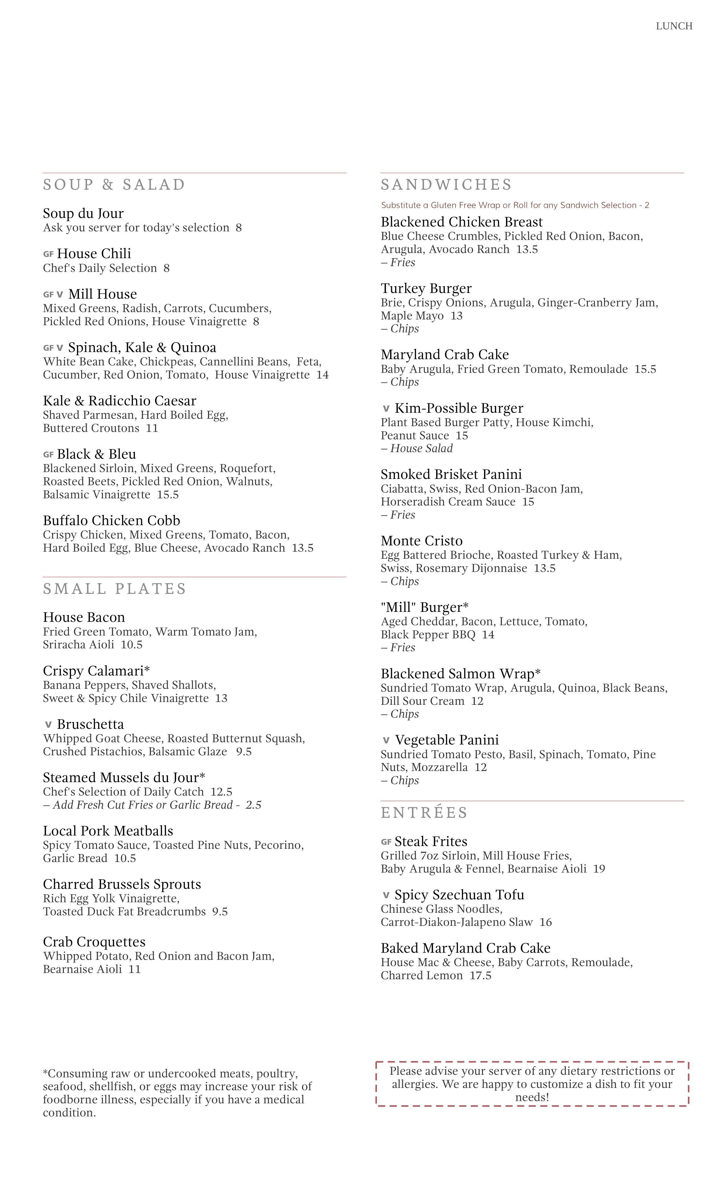 Menu at The Mill in Hershey restaurant, Hershey