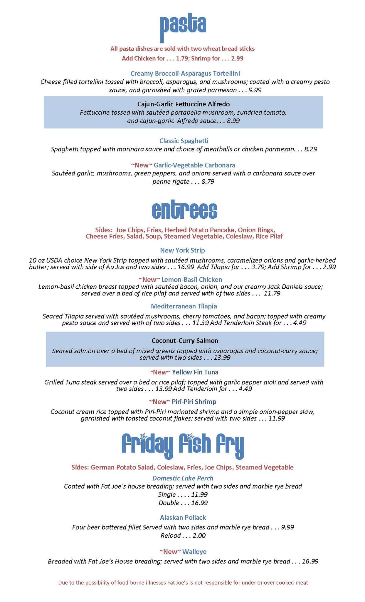 Menu at Fat Joe's Bar and Grill, Fond du Lac