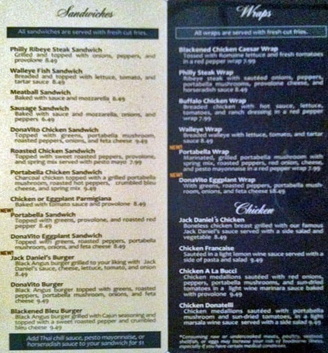 Menu at Donavitos Restaurant & Catering, Struthers