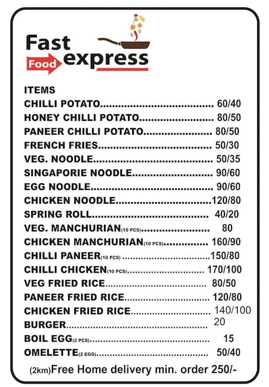 Fast Food Express Menu, Menu for Fast Food Express, Palam, New Delhi