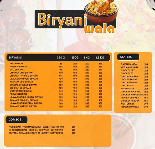 Menu At Biryani Wala Hyderabad Srinivasa Nagar