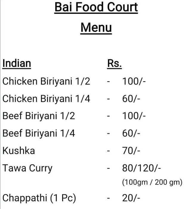 Menu at Bai Food Court, Chennai