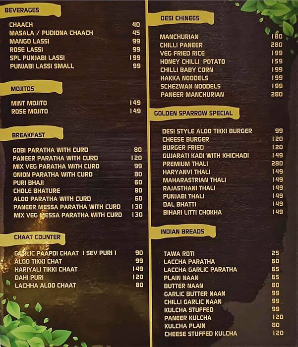 Menu of Golden Sparrow, Brookefield, Bangalore
