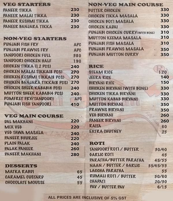 Menu of Jai Jawan, Linking Road, Bandra West, Mumbai