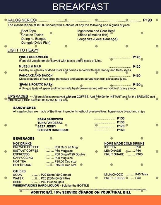 The White Plate Cafe Menu, Menu for The White Plate Cafe, Pio del Pilar