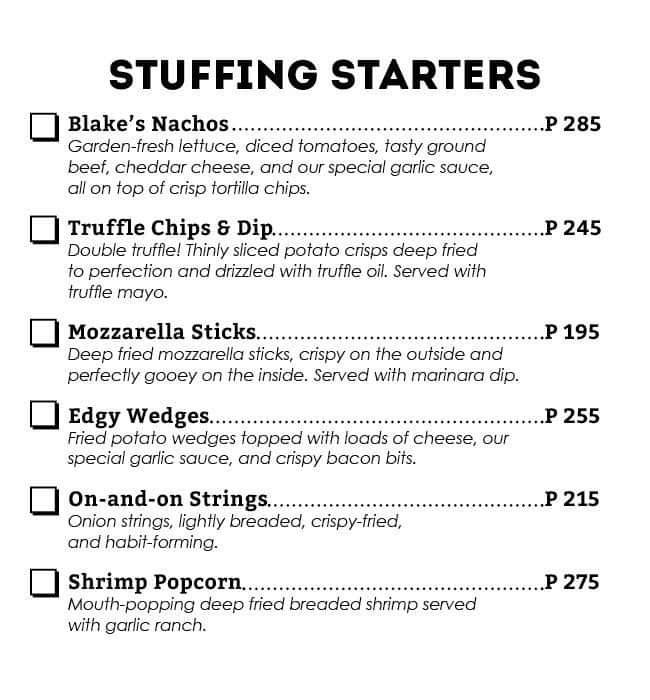 Menu at Blake's Wings & Steaks restaurant, Makati, 170 Salcedo