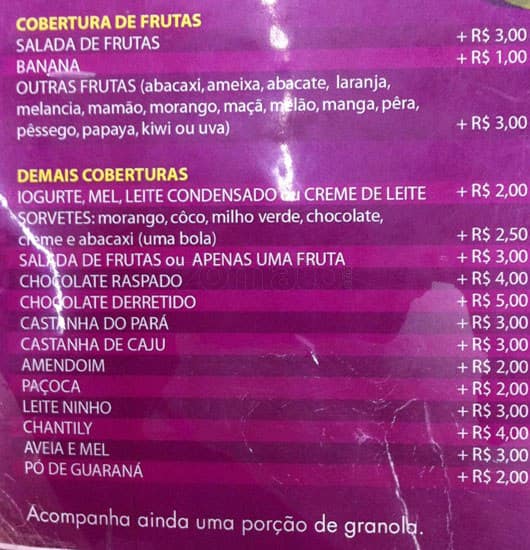 Açaí Mooca cardápio