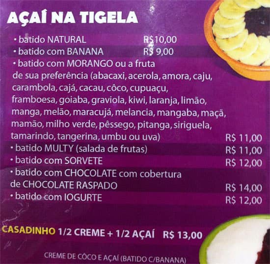 Açaí Mooca cardápio