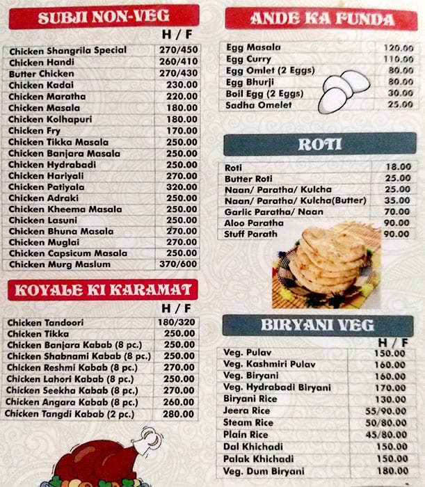 Hotel Sangrilla menu