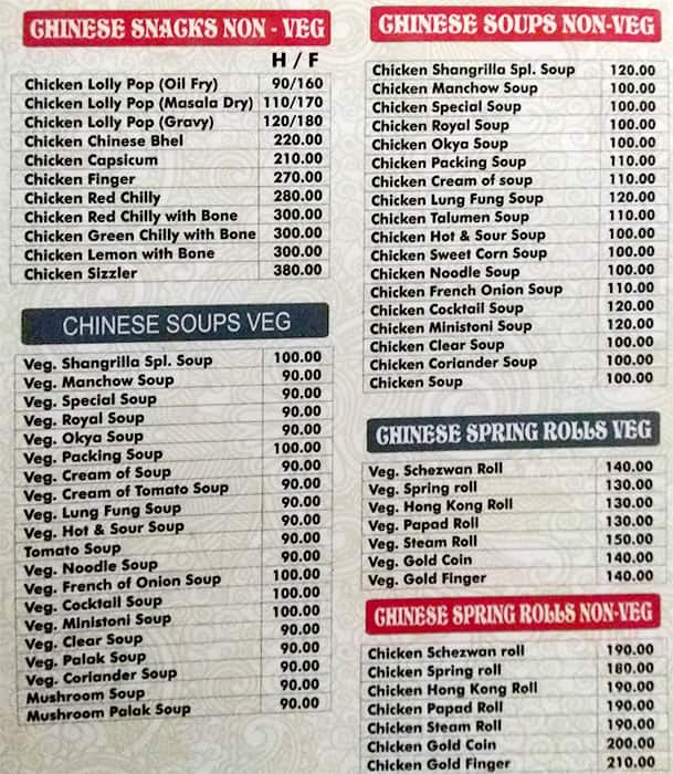 Hotel Sangrilla menu