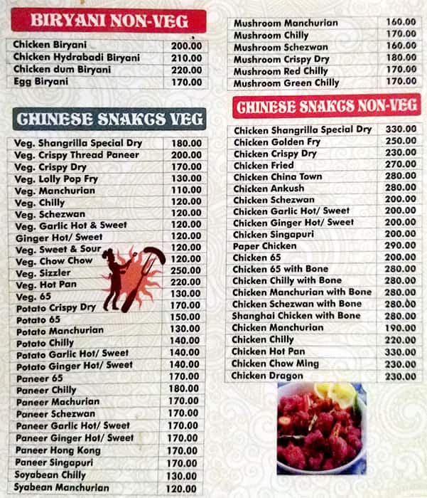 Hotel Sangrilla menu