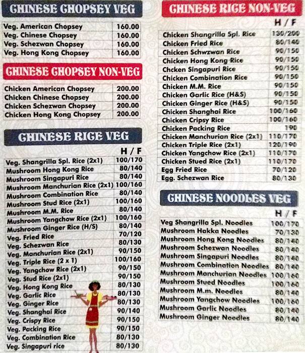 Hotel Sangrilla menu