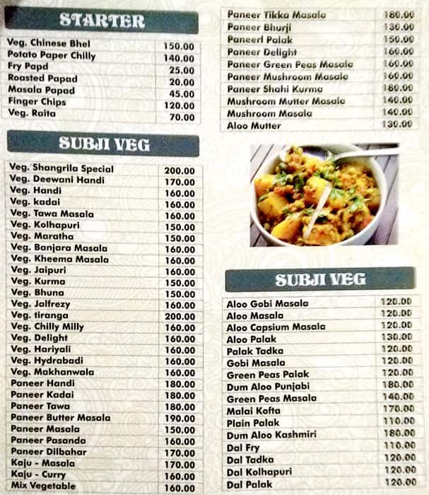 Hotel Sangrilla menu