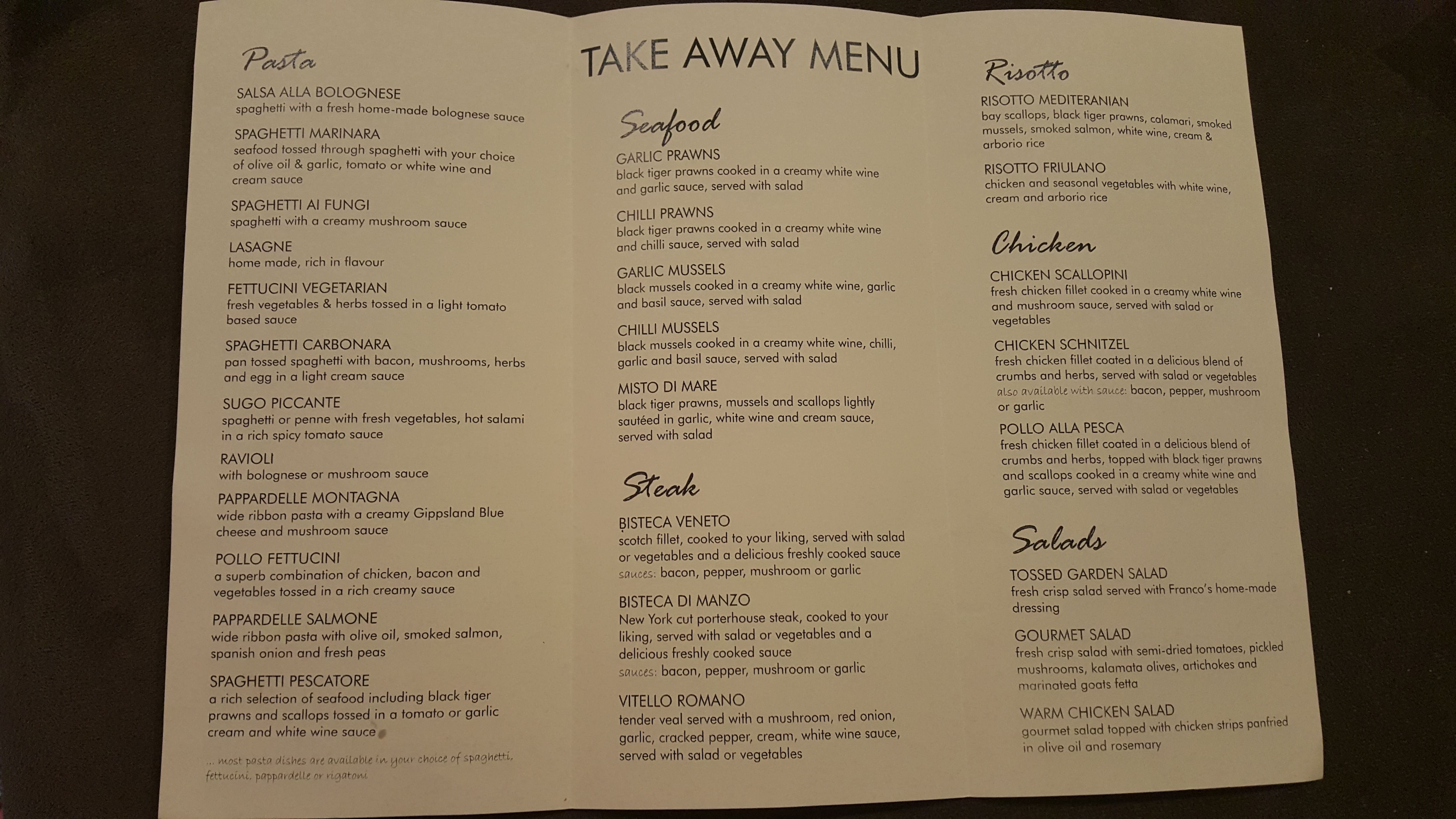 Menu at Luciano's pizzeria, Drouin