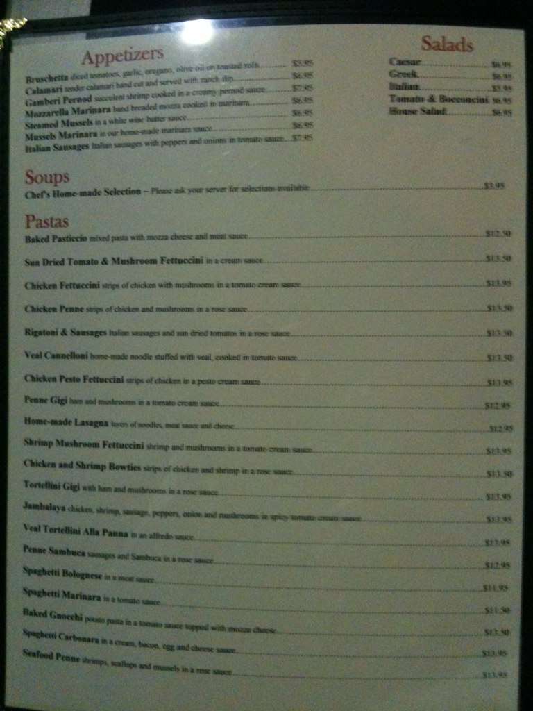 Menu at Pasta Brioni restaurant, Edmonton
