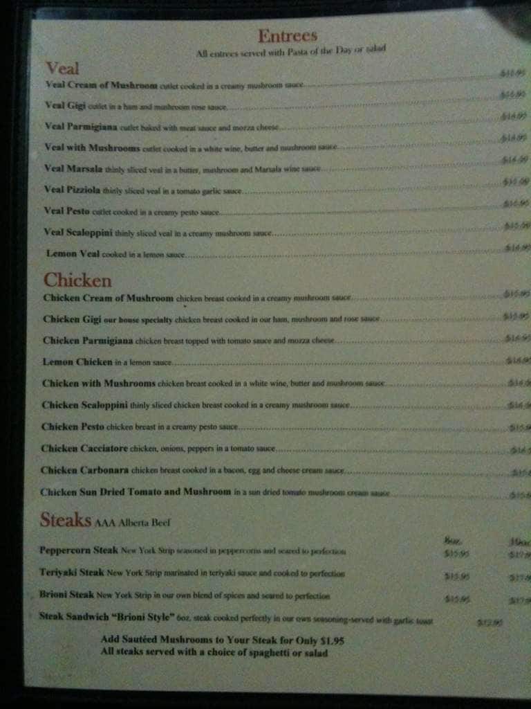 Menu at Pasta Brioni restaurant, Edmonton