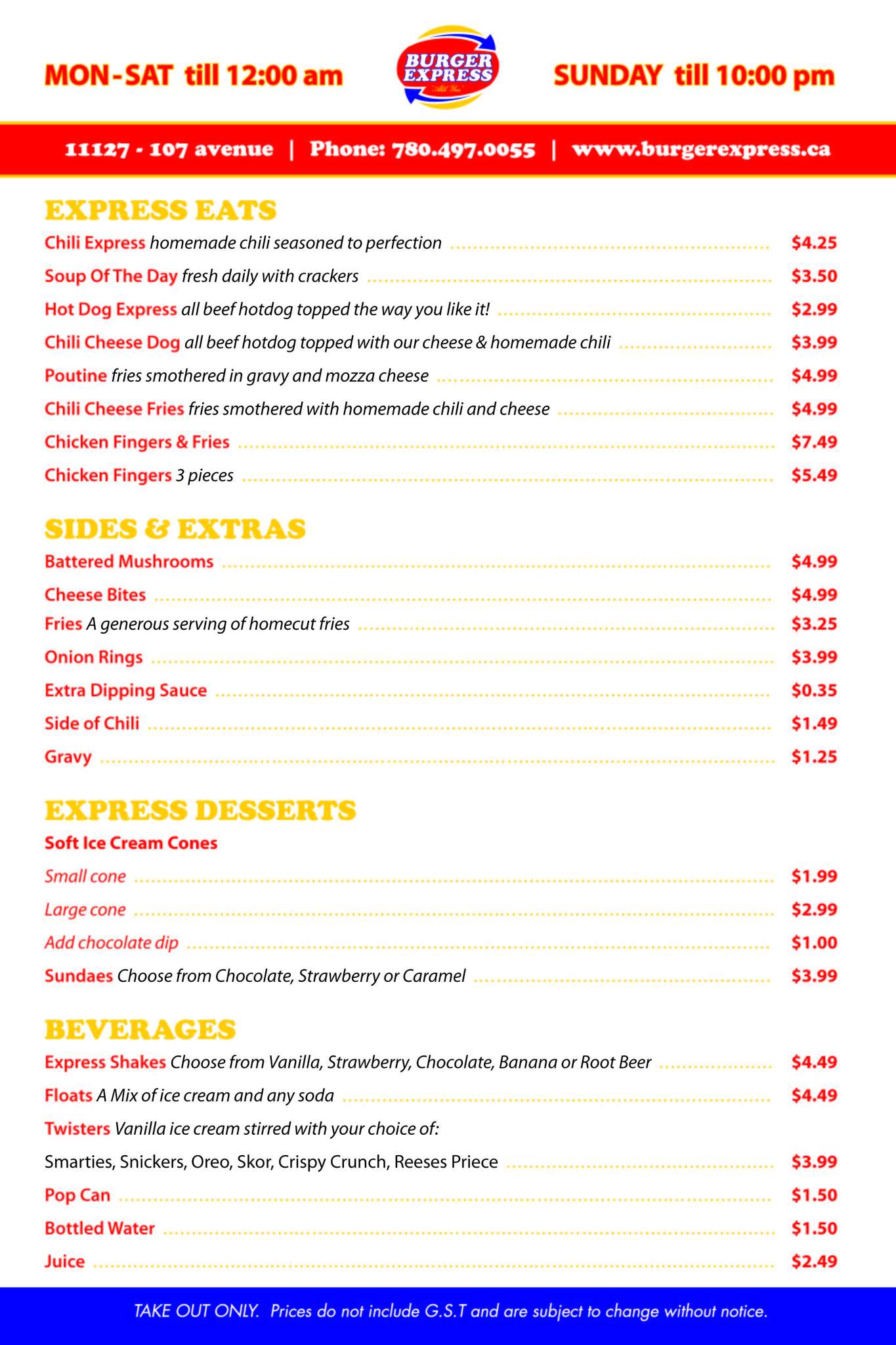 Menu at Burger Express fast food, Edmonton
