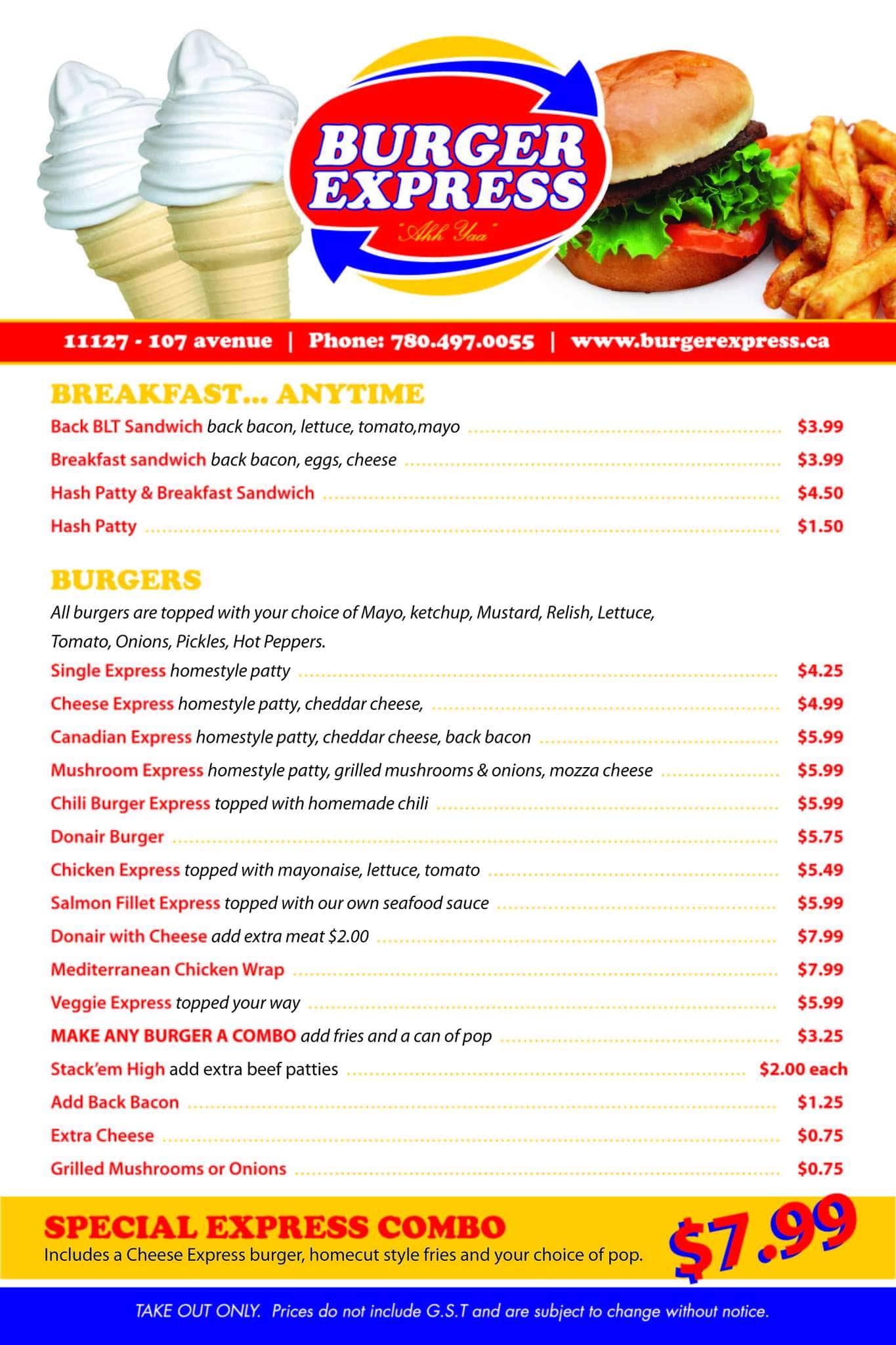 Menu at Burger Express fast food, Edmonton