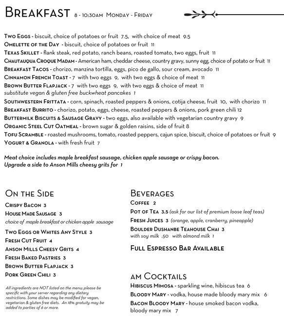 Chautauqua Dining Hall Menu, Menu for Chautauqua Dining Hall, Boulder