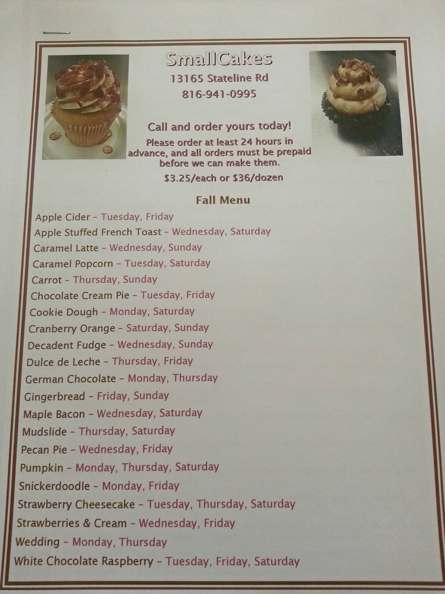 Smallcakes A Cupcakery Menu, Menu for Smallcakes A Cupcakery, South