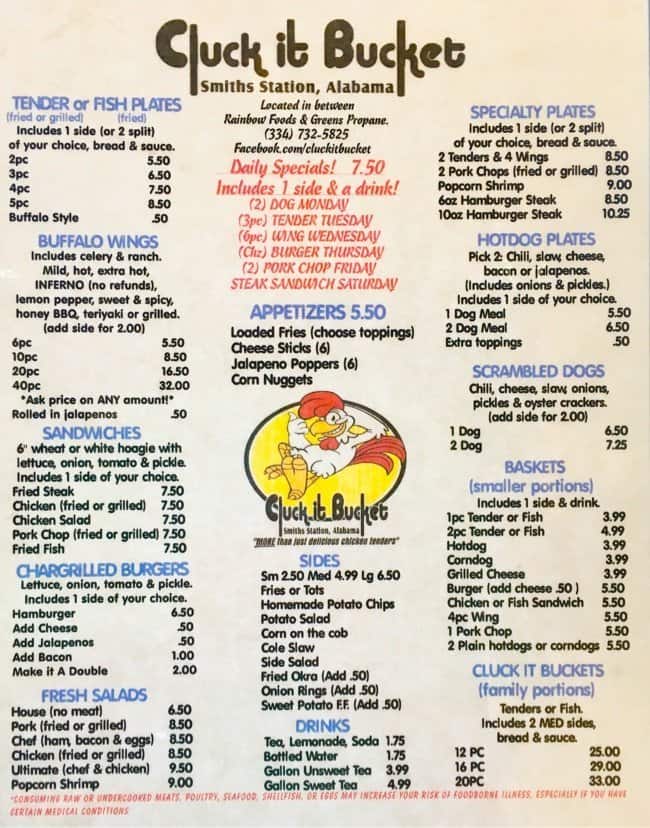Menu at Cluck It Bucket restaurant, Smiths Station, Co Rd 430