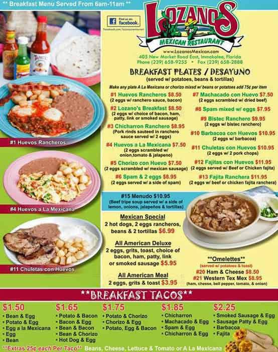 Menu at Lozano's Mexican Restaurant, Immokalee, 405 New Market Rd E