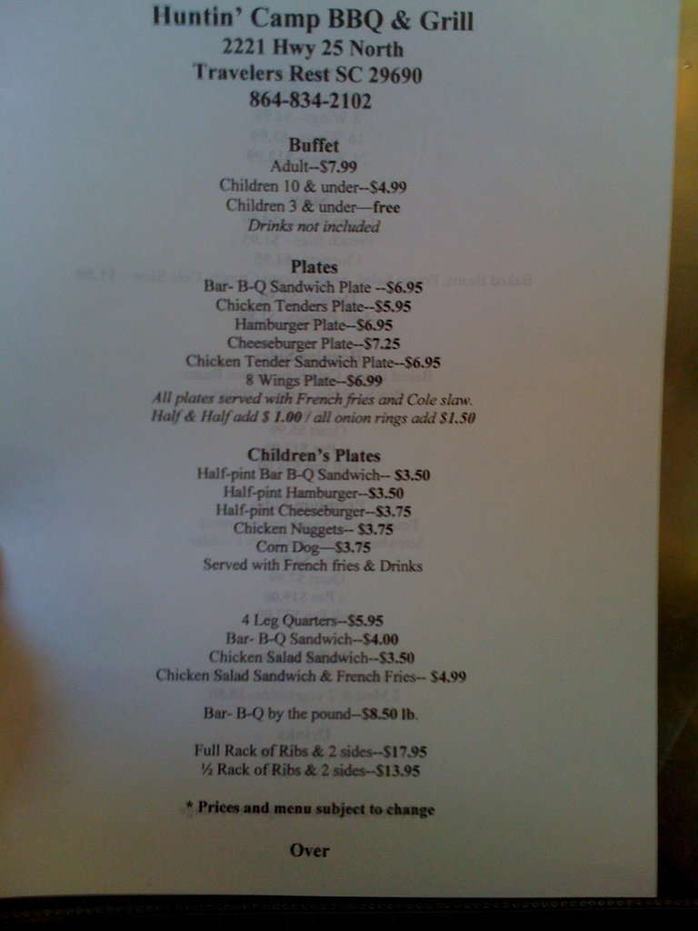 Huntin' Camp BBQ and Grill Menu Urbanspoon/Zomato