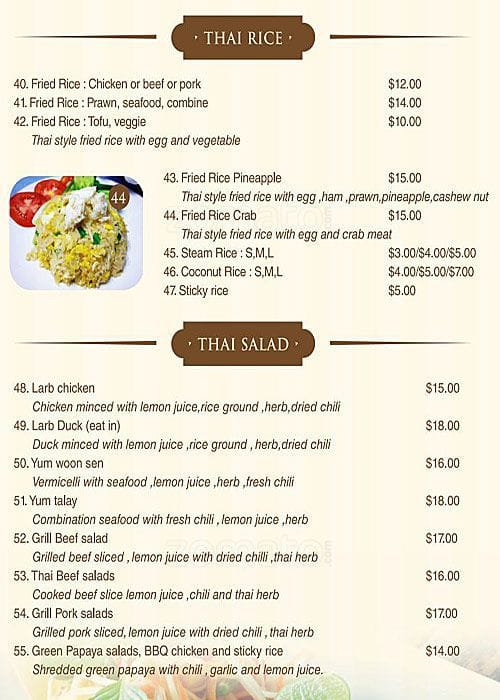 Menu at Phaboonchai Thai Restaurant, Wodonga