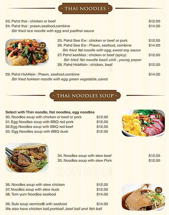 Menu at Phaboonchai Thai Restaurant, Wodonga