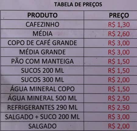 Padaria Confeitaria Bar Santa Rita Cássia Ltda cardápio