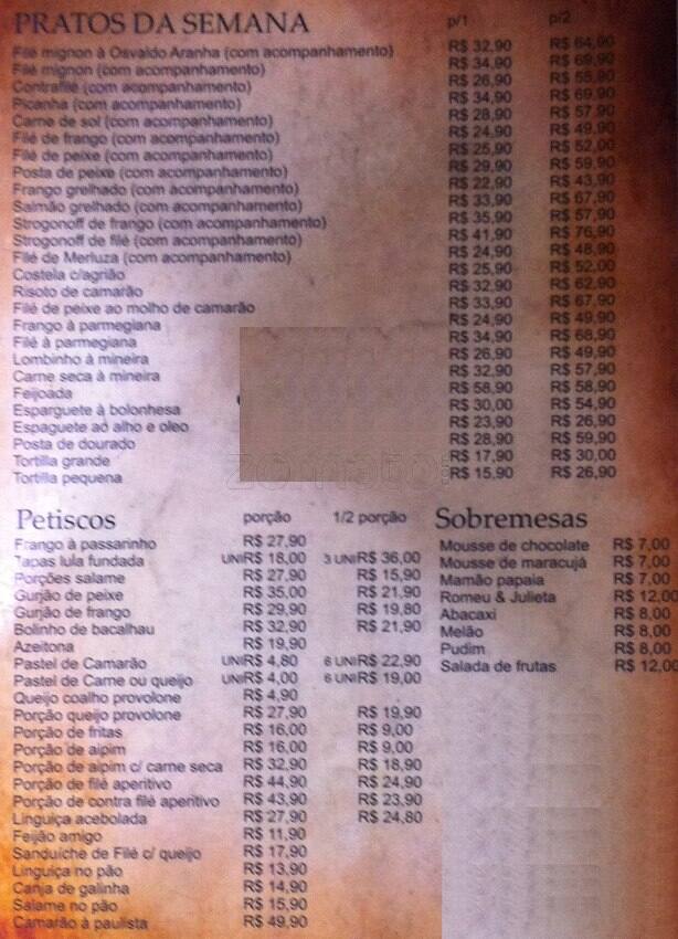 Bar do Chef cardápio