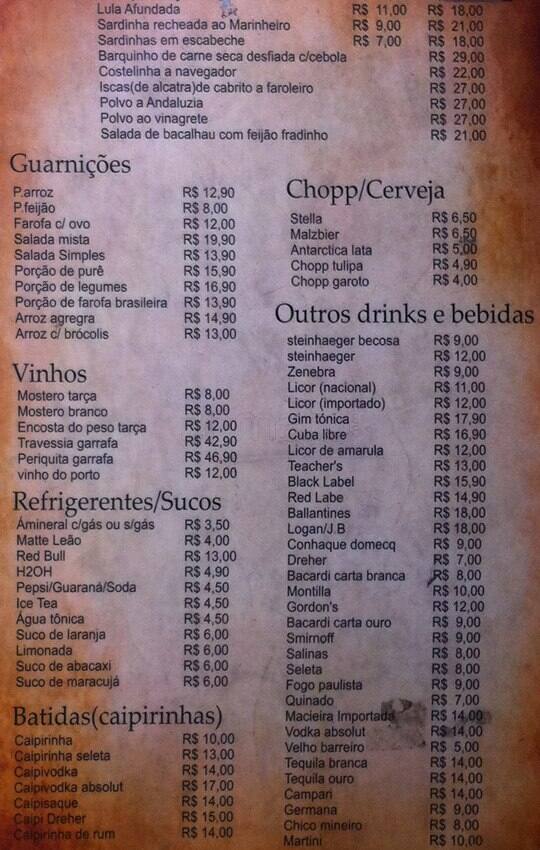 Bar do Chef cardápio