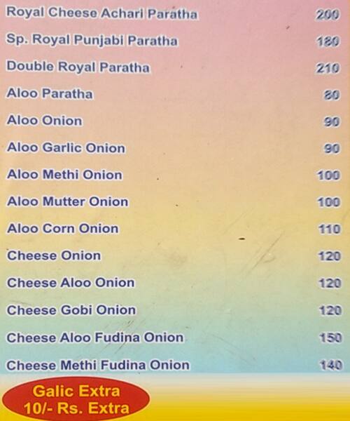 Royal Punjab Paratha menu