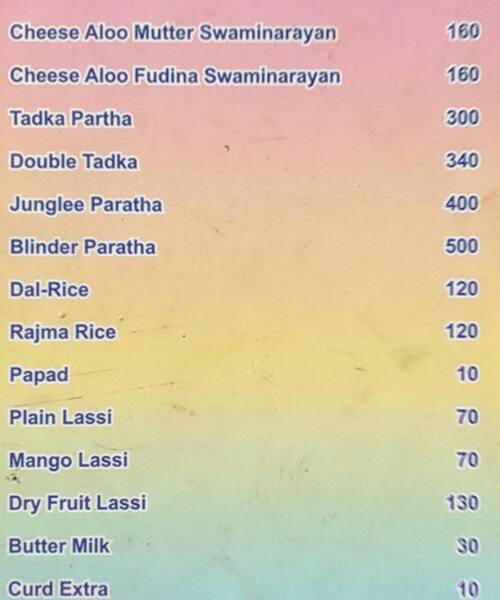 Royal Punjab Paratha menu