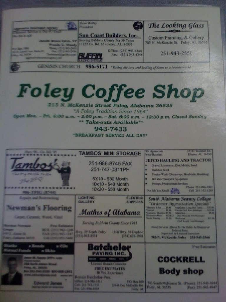 Carta de Foley Coffee Shop