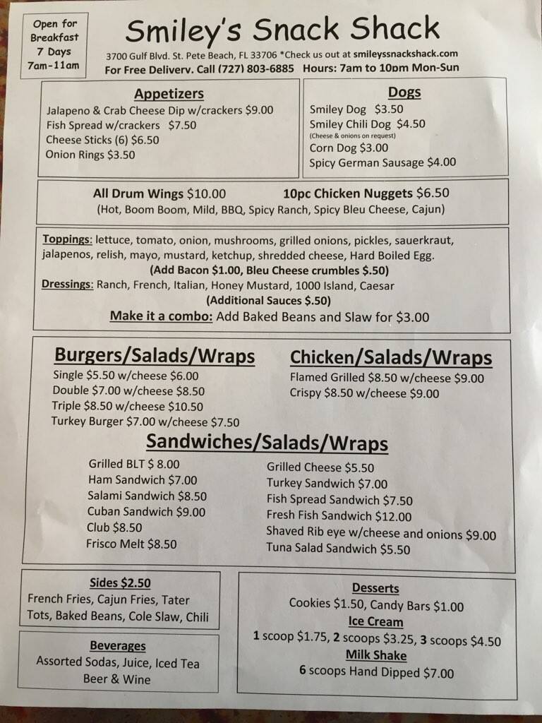 Smiley S Snack Shack Menu Urbanspoon Zomato Smiley S Snack Shack Menu