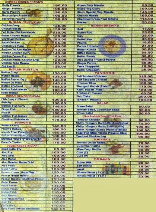 Menu at New Sindhu Restaurant, Chennai
