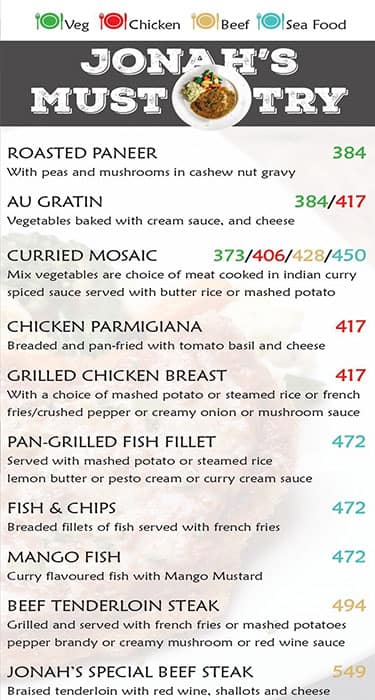 Jonah's Bistro, Besant Nagar menu
