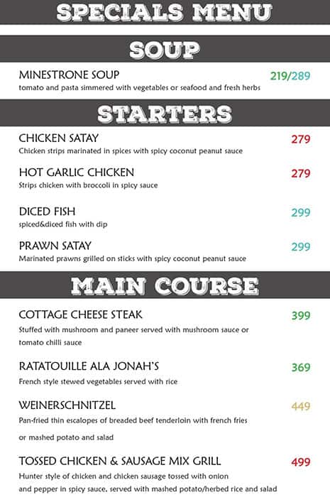 Jonah's Bistro, Besant Nagar menu