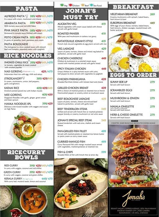 Menu of Jonah's Bistro, Besant Nagar, Chennai