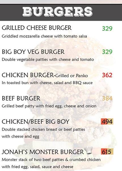 Jonah's Bistro, Besant Nagar menu