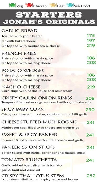 Jonah's Bistro, Besant Nagar menu