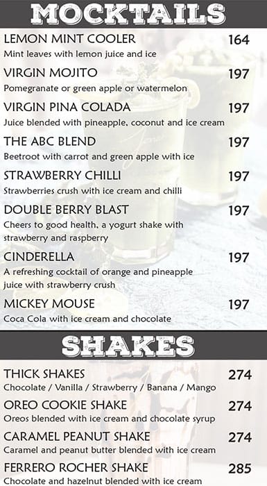 Jonah's Bistro, Besant Nagar menu