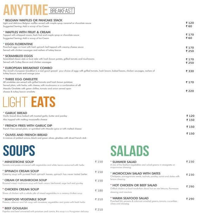 Jonah's Bistro Menu, Menu for Jonah's Bistro, Besant Nagar, Chennai