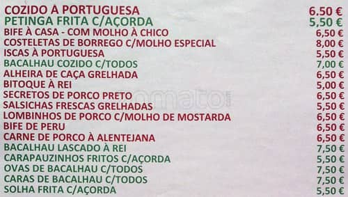 O Rei dos Frangos Menu, Menu de O Rei dos Frangos, Queluz ...