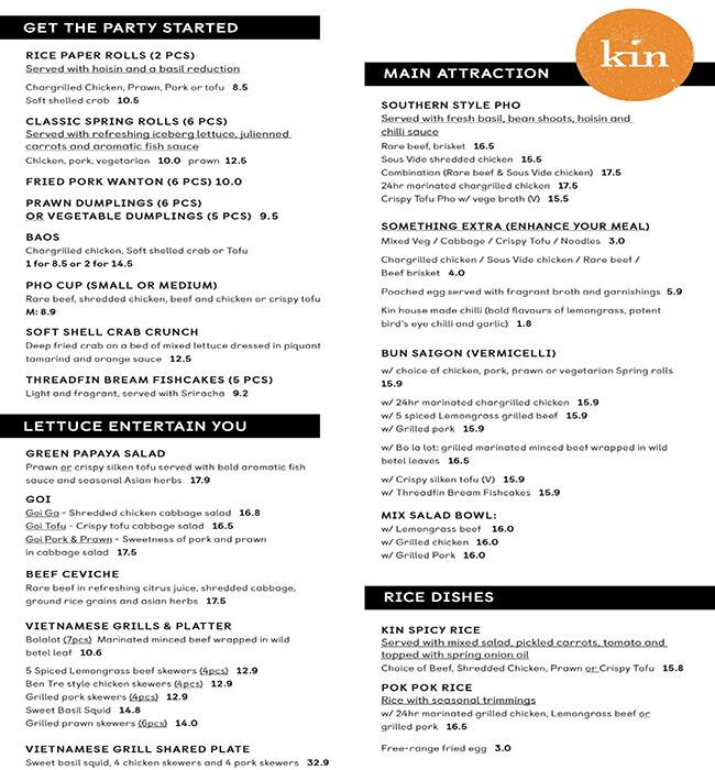 Kin Vietnamese Restaurant Menu