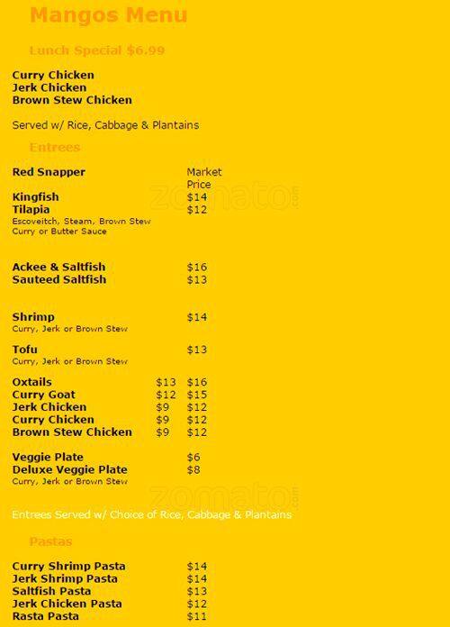 Mangos Caribbean Restaurant Menü Urbanspoon/Zomato