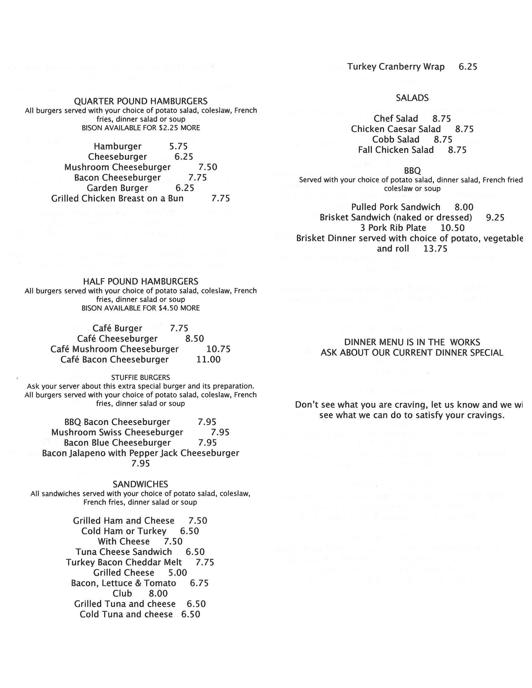 Menu at Hits the Spot cafe, North Plains